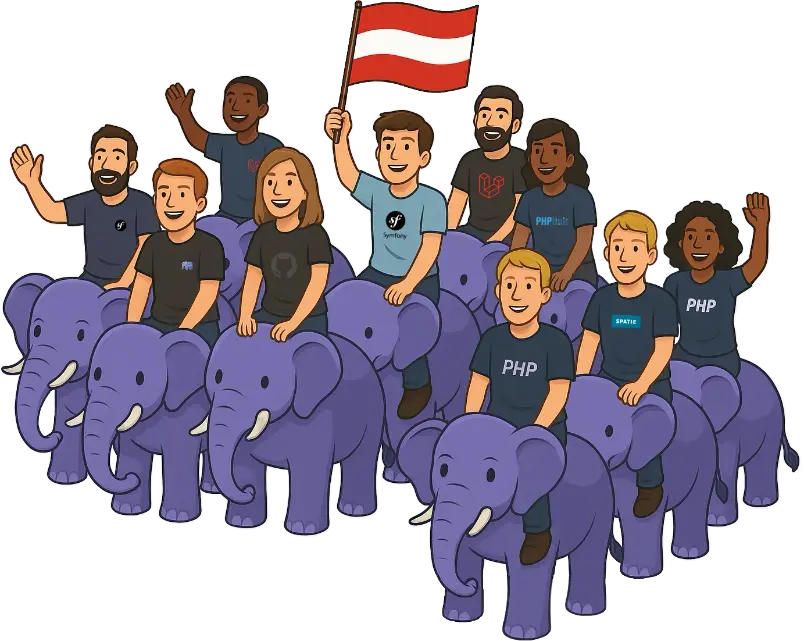 Illustration of a group of PHP developers riding violet elephants, one holding the Austrian flag, symbolizing the PHPeople Austria community.